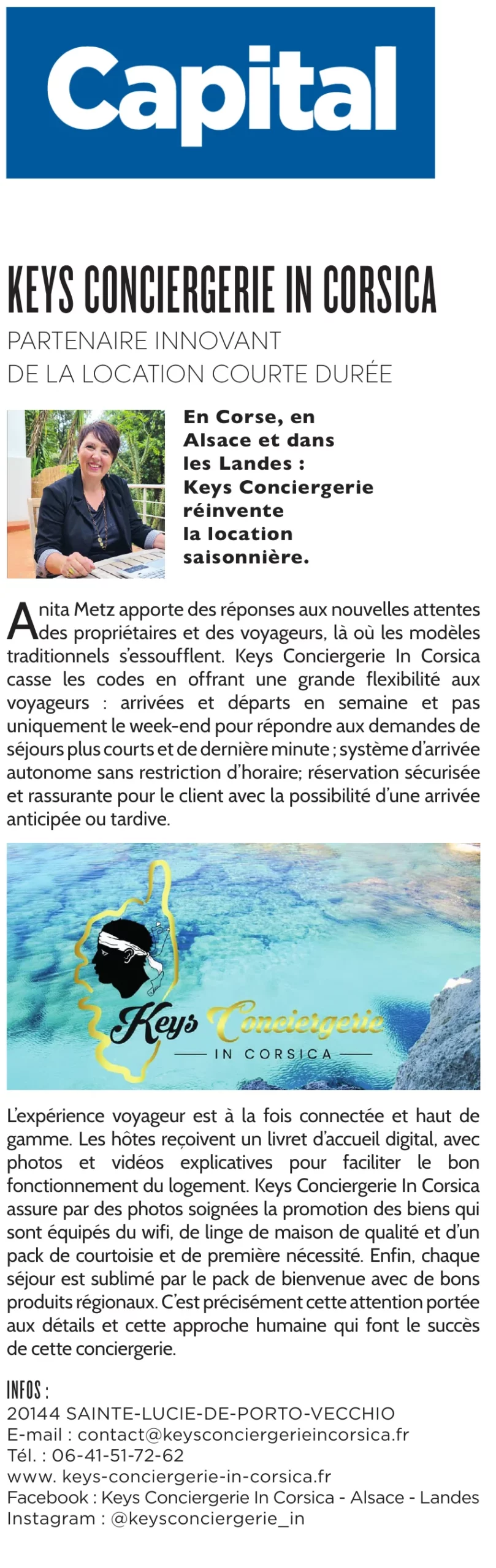 Article Capital « Les entreprises du mois » consacré à Keys Conciergerie In Corsica
